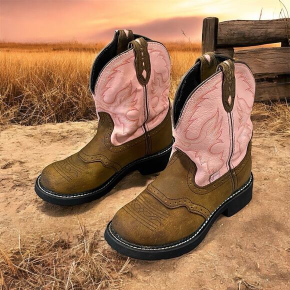 Justin Pink Gypsy Cowboy Western Boots Women's Sz 7.5 B Brown Leather L9901 - Picture 1 of 10